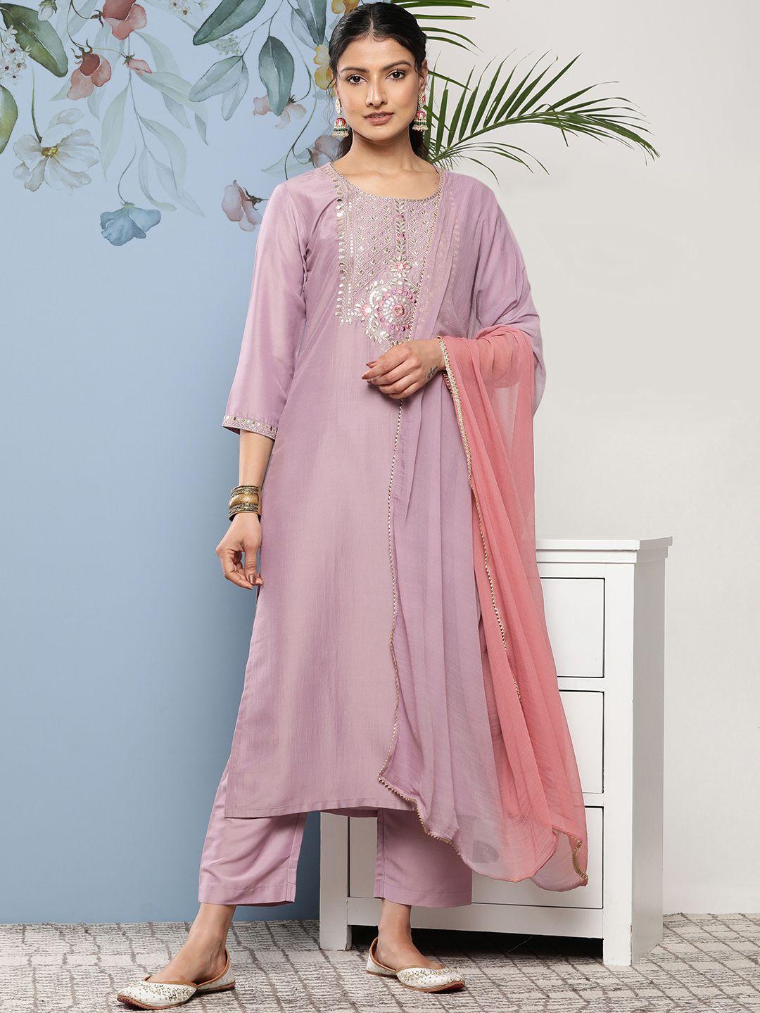 varanga women floral embroidered sequinned kurta with trousers & dupatta