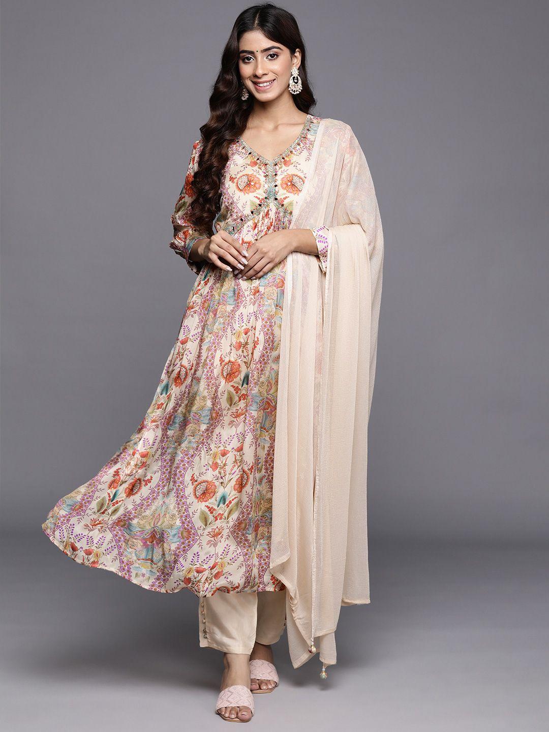 varanga women floral print empire mirror work pure silk kurta with trousers & dupatta