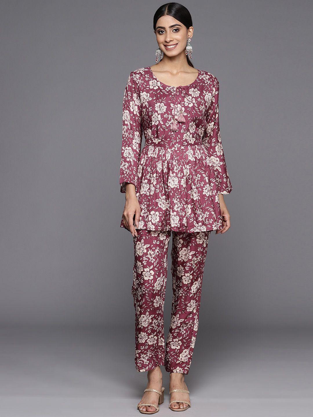 varanga women floral printed empire sequinned pure cotton kurta with trousers