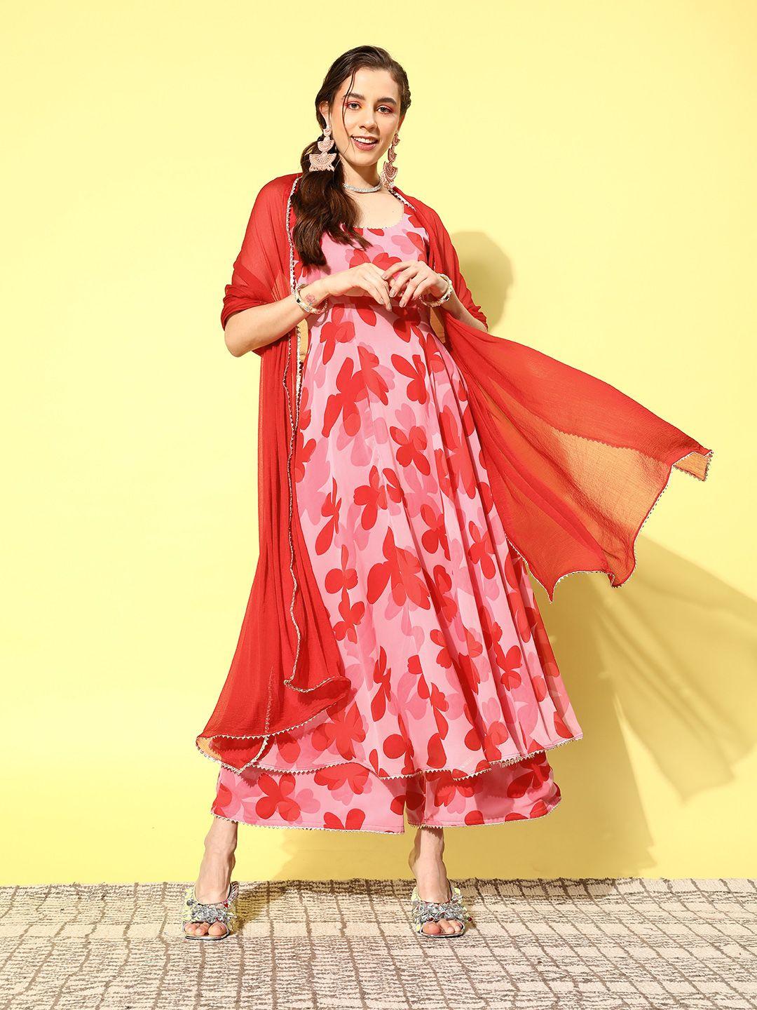 varanga women floral printed gotta patti silk georgette kurta with palazzos & with dupatta