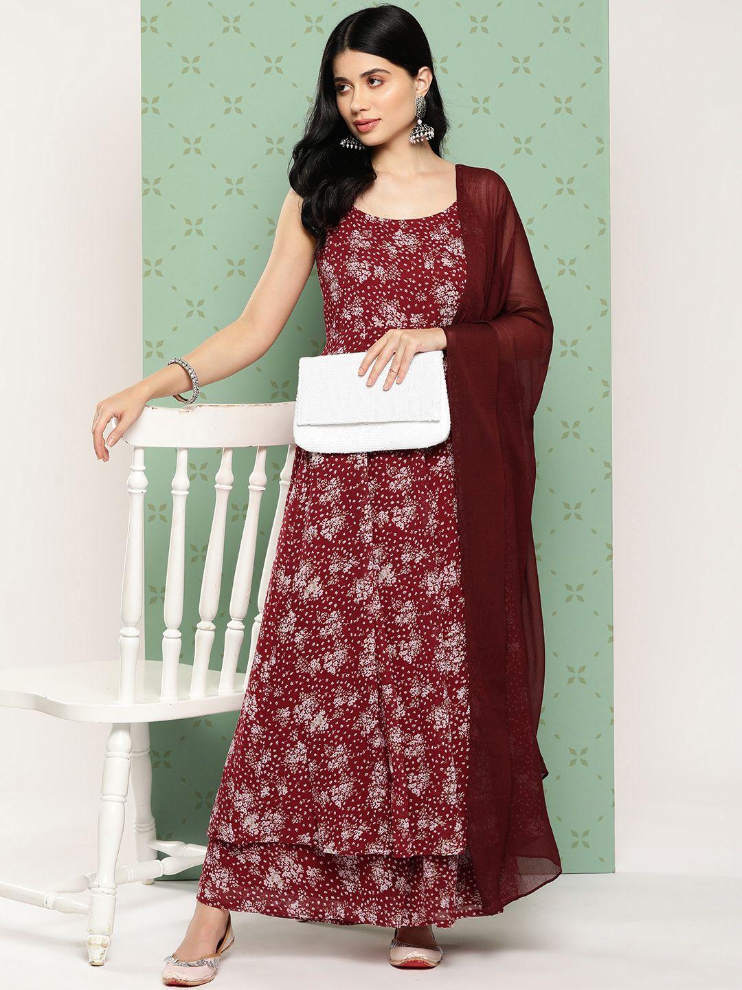 varanga women floral printed panelled silk georgette kurta with palazzos & with dupatta