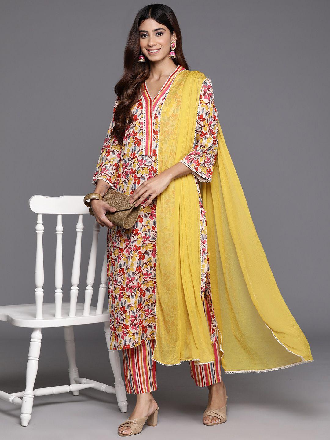 varanga women floral printed regular pure cotton kurta with trousers & with dupatta