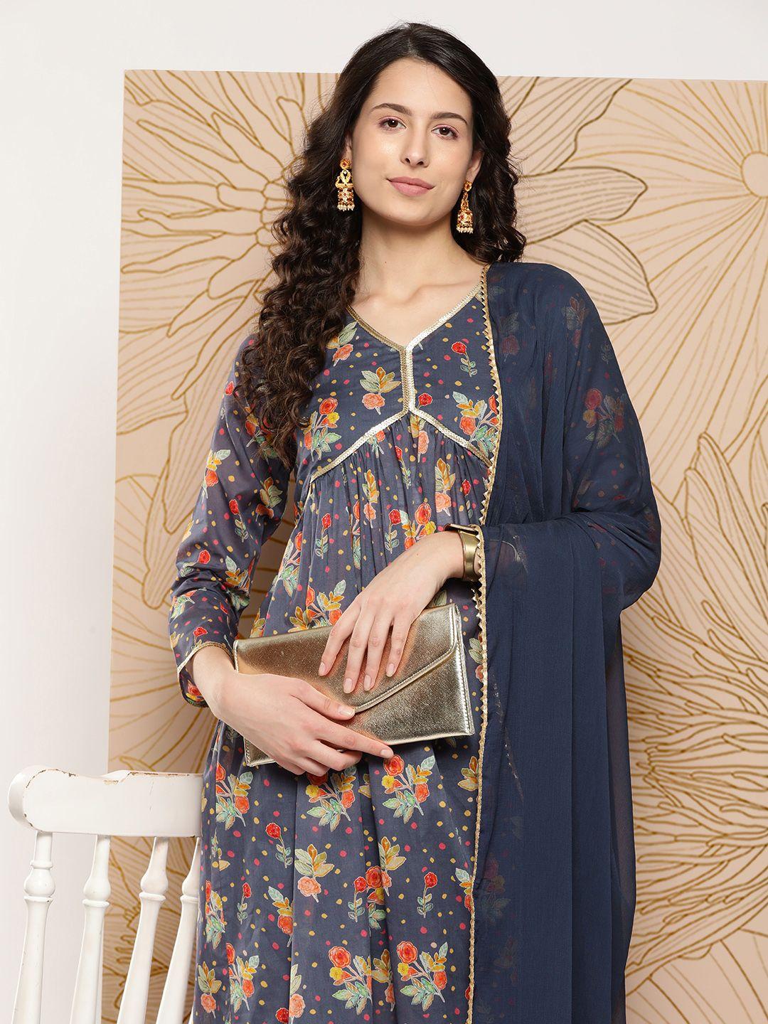 varanga women floral printed sequinned pure cotton kurta with trousers & with dupatta