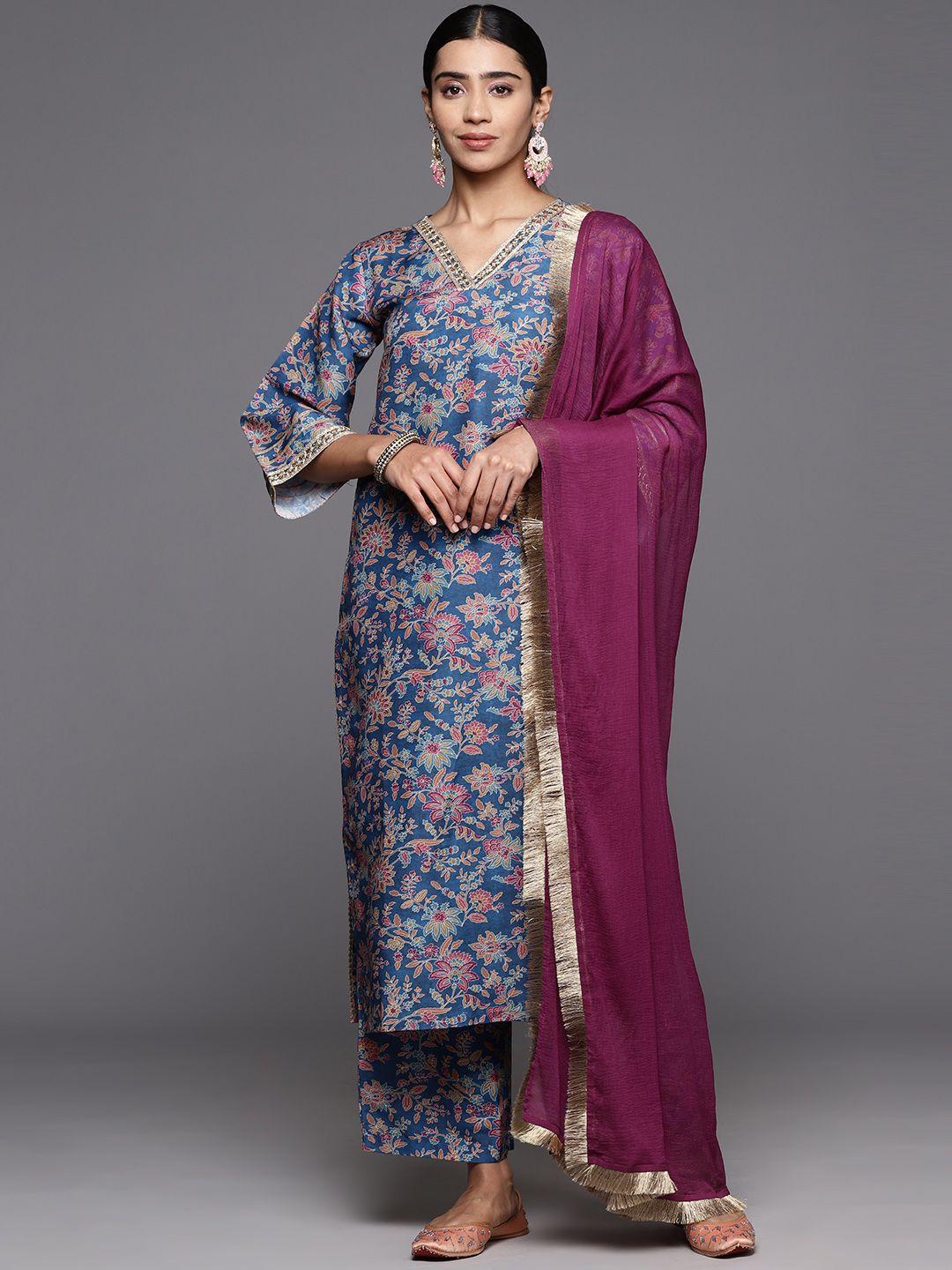 varanga women floral printed straight acrylic kurta with trousers & dupatta
