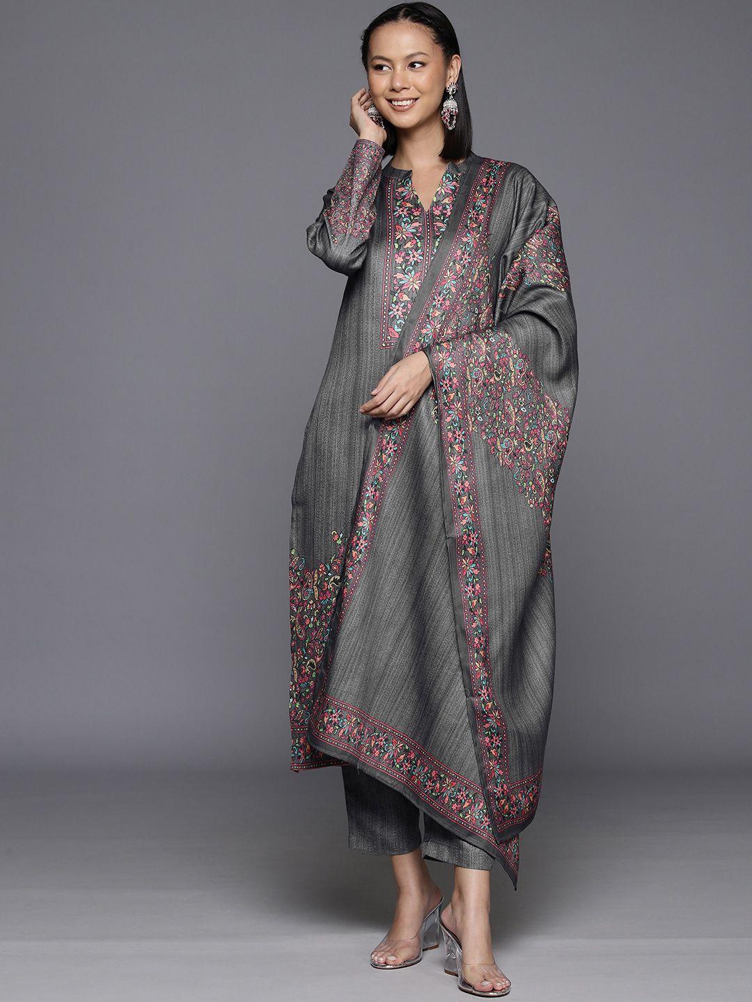 varanga women floral printed straight woollen kurta with trousers & with dupatta