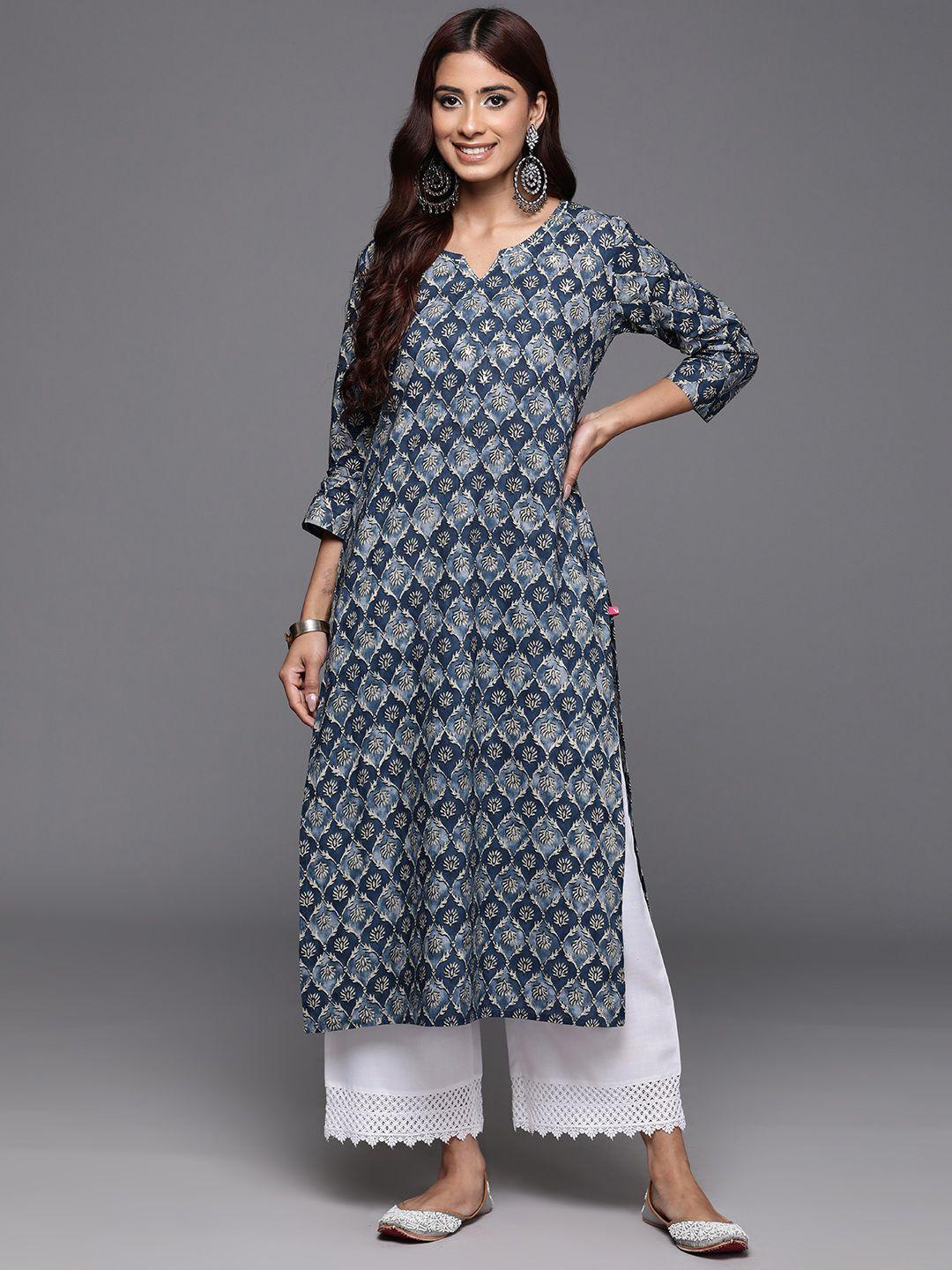 varanga women floral printed thread work indigo kurta