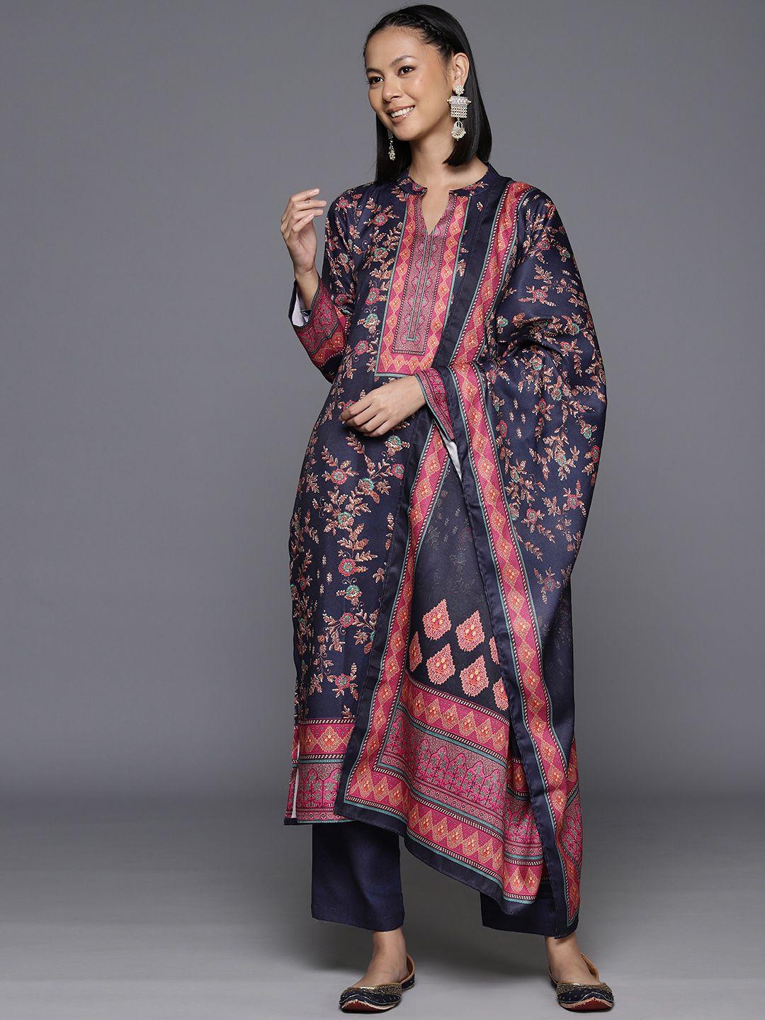 varanga women floral printed wool blend straight kurta paired with trousers & dupatta