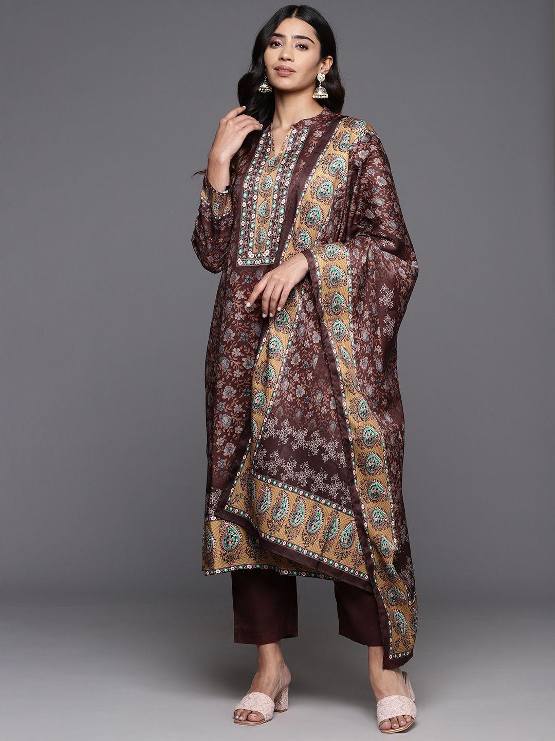 varanga women floral printed wool blend straight kurta with trousers & printed dupatta