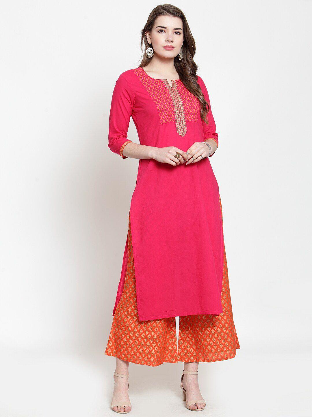 varanga women fuchsia & orange yoke design straight pure cotton kurta with palazzos