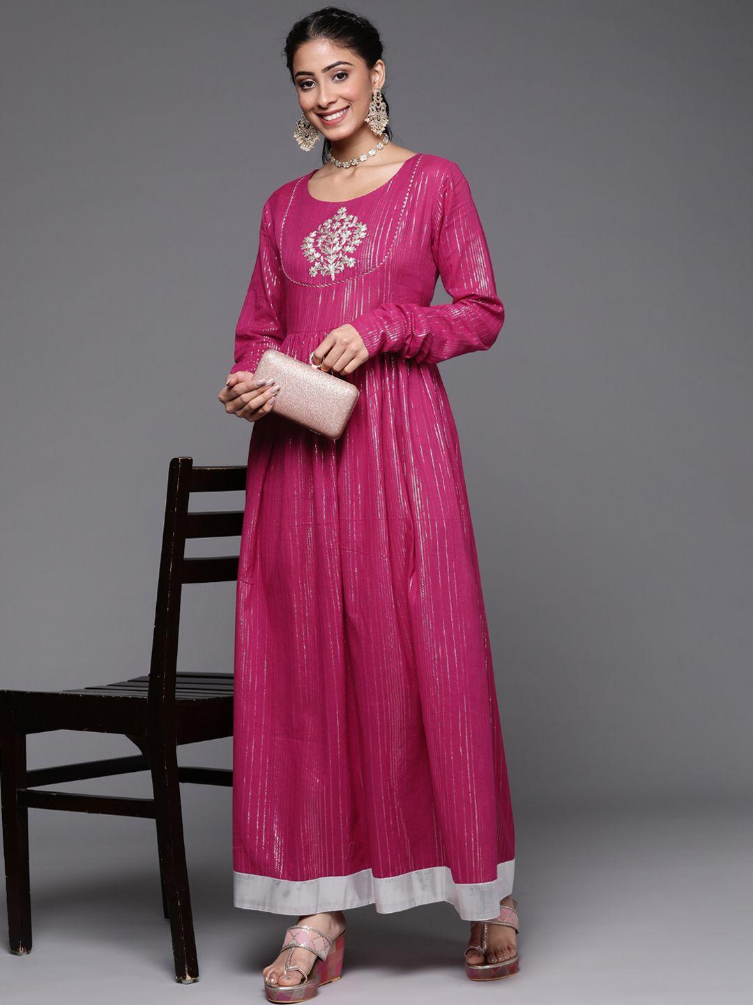 varanga women fuchsia & silver-toned ethnic motifs embroidered pure cotton anarkali kurta