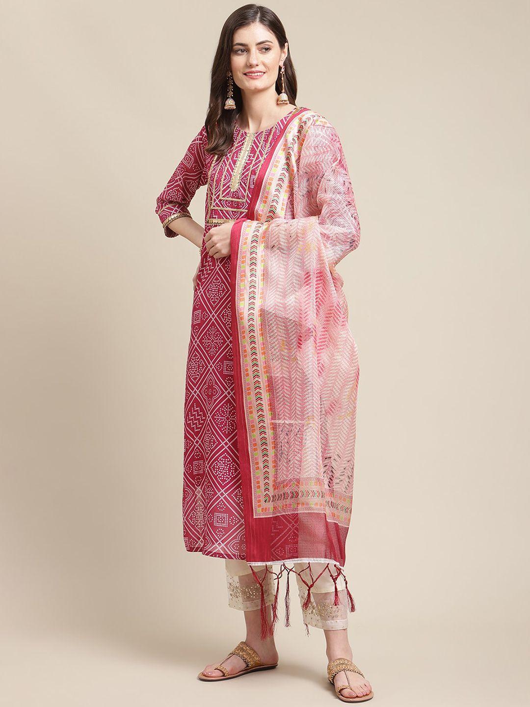 varanga women fuchsia & white floral printed kurta with trousers & net dupatta