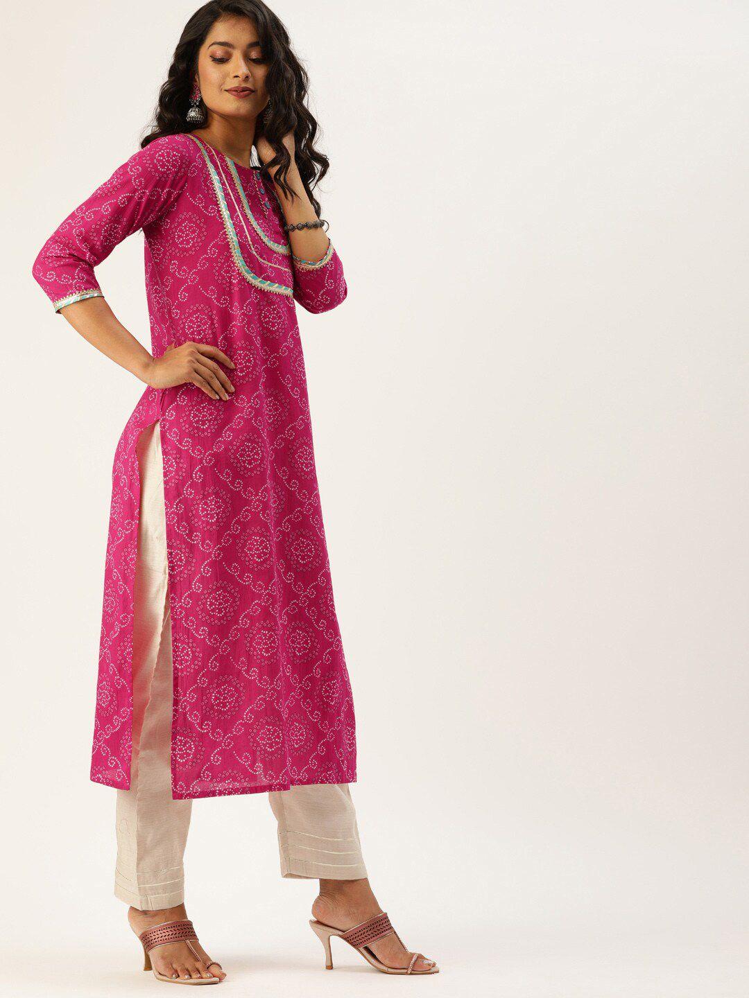 varanga women fuchsia bandhani printed gotta patti kurta