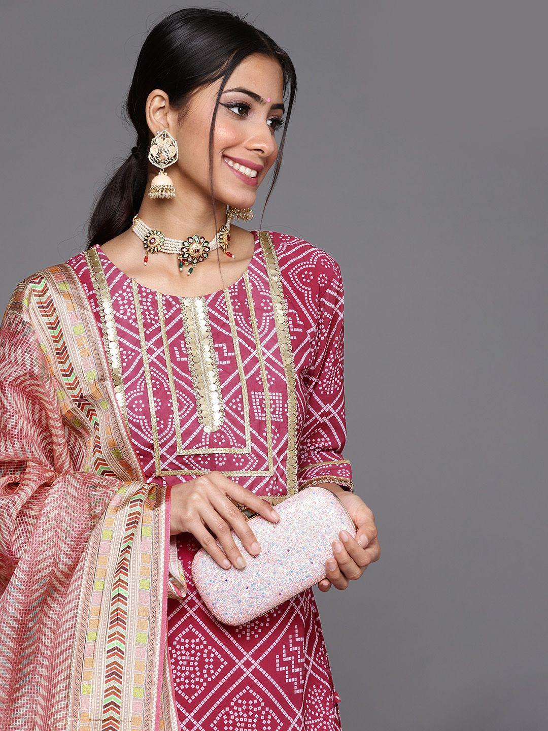 varanga women fuchsia pink & white bandhani printed straight kurta trousers & with dupatta