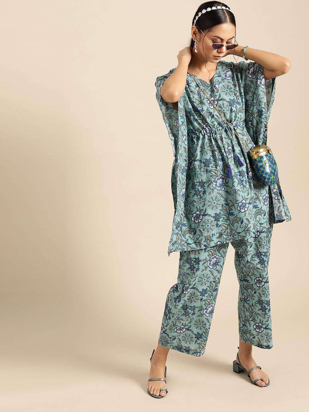 varanga women green & blue pure cotton printed tunic with palazzos