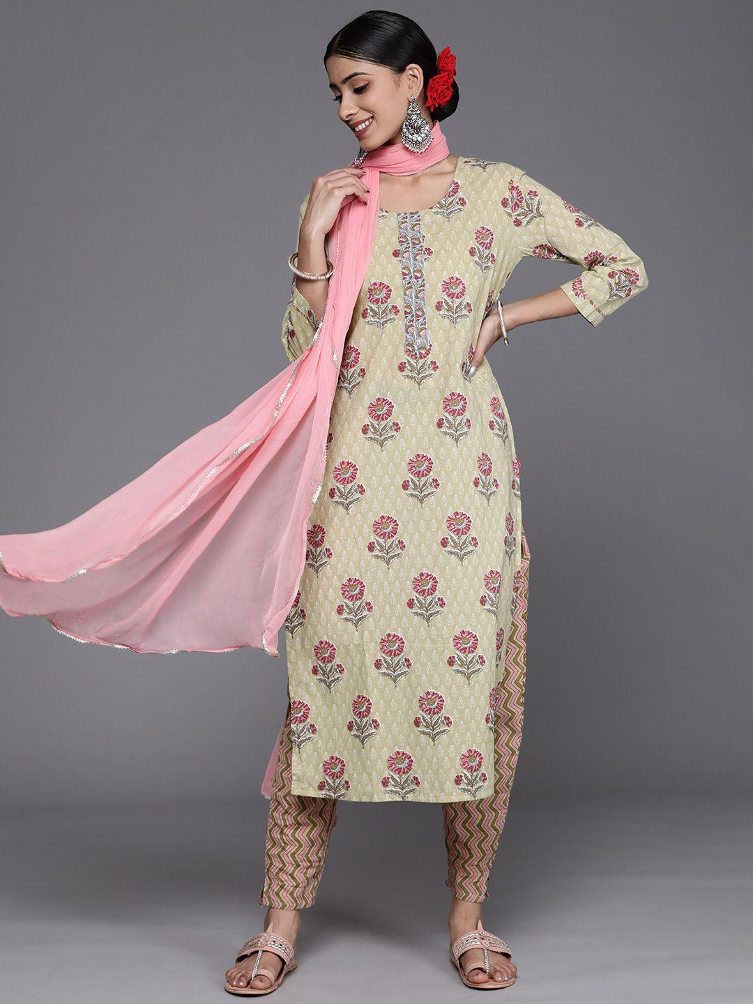 varanga women green & pink floral printed pure cotton kurta with trousers & dupatta