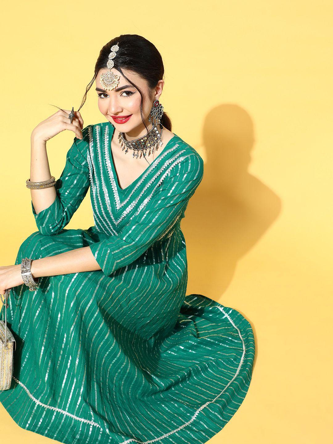 varanga women green & silver striped gotta patti kurta set