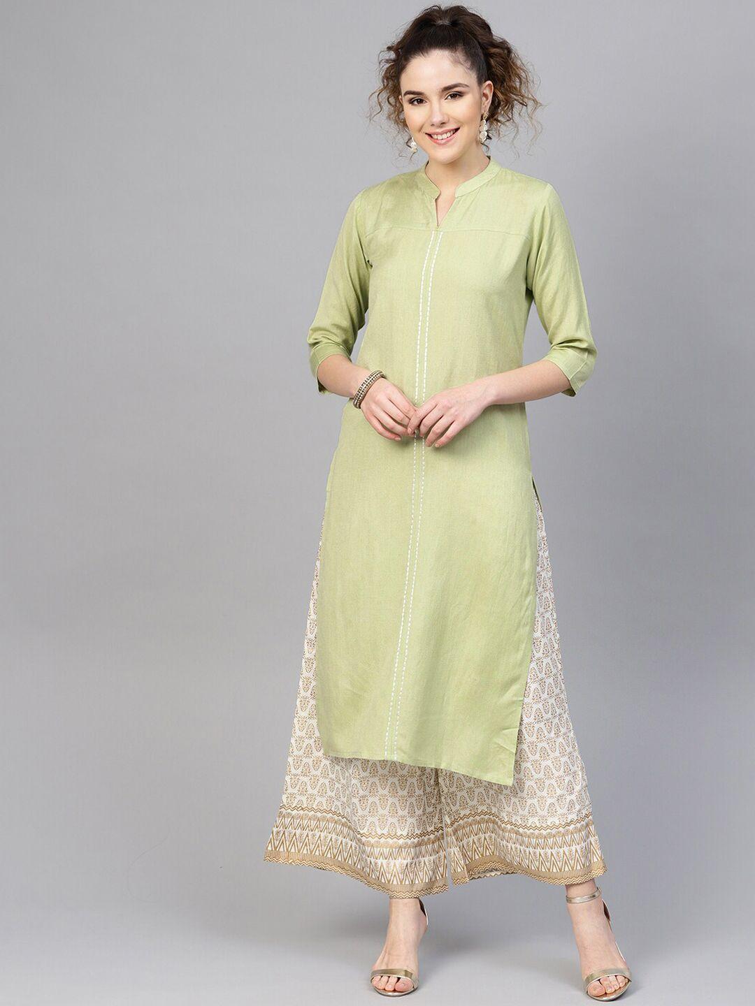 varanga women green & white regular straight keyhole neck kurta with palazzos