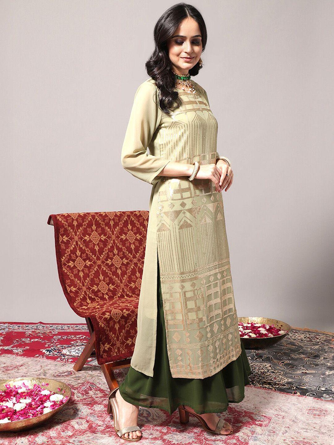 varanga women green embroidered regular sequinned kurta with trousers & with dupatta