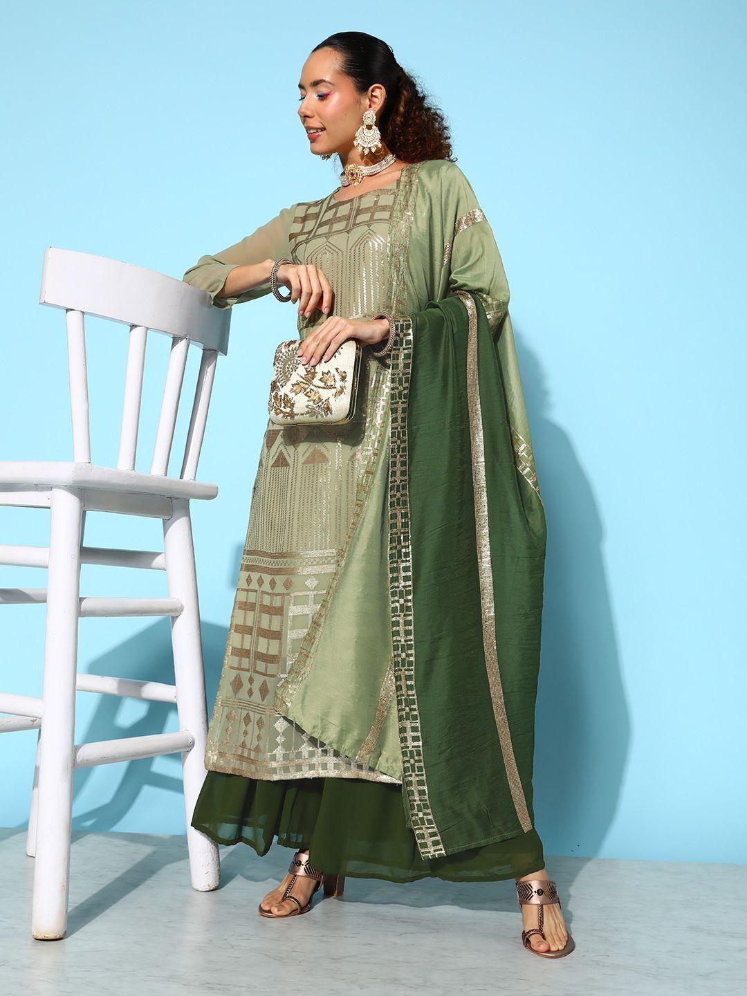 varanga women green embroidered sequinned kurta with sharara & dupatta