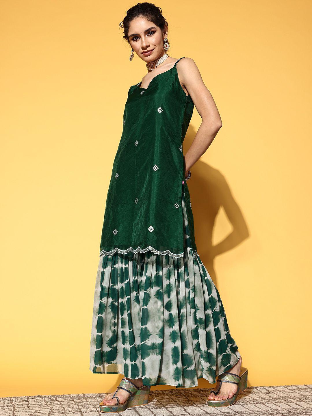 varanga women green embroidered sequinned kurta with sharara & dupatta