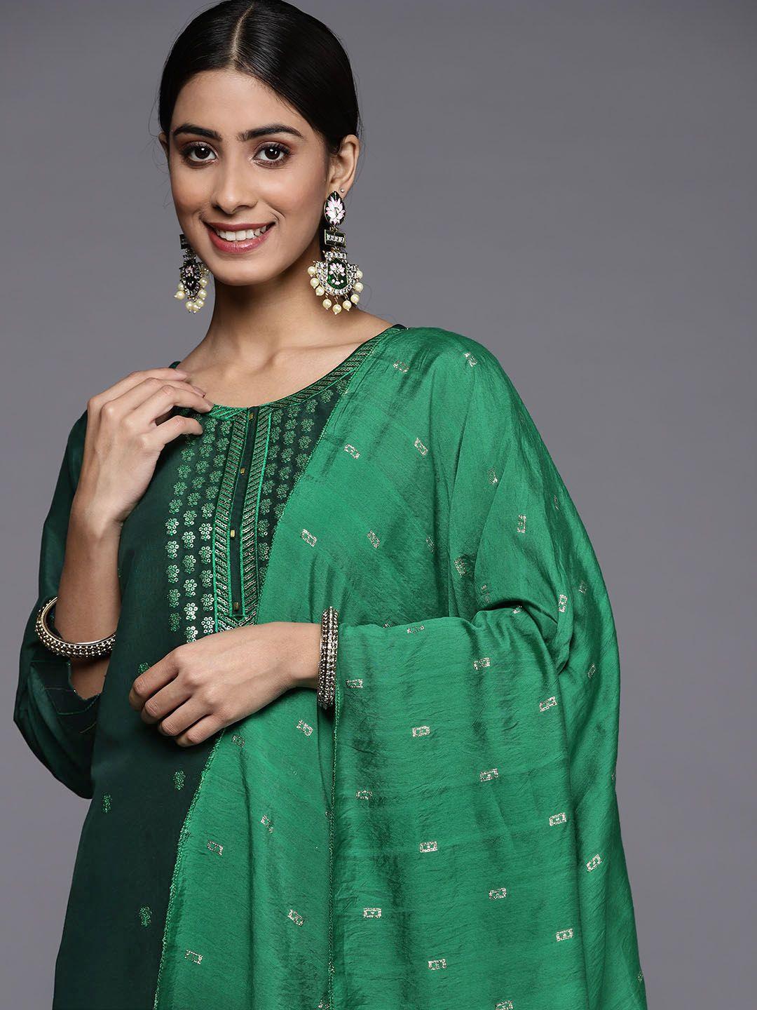 varanga women green ethnic motifs embroidered kurta with trousers & dupatta