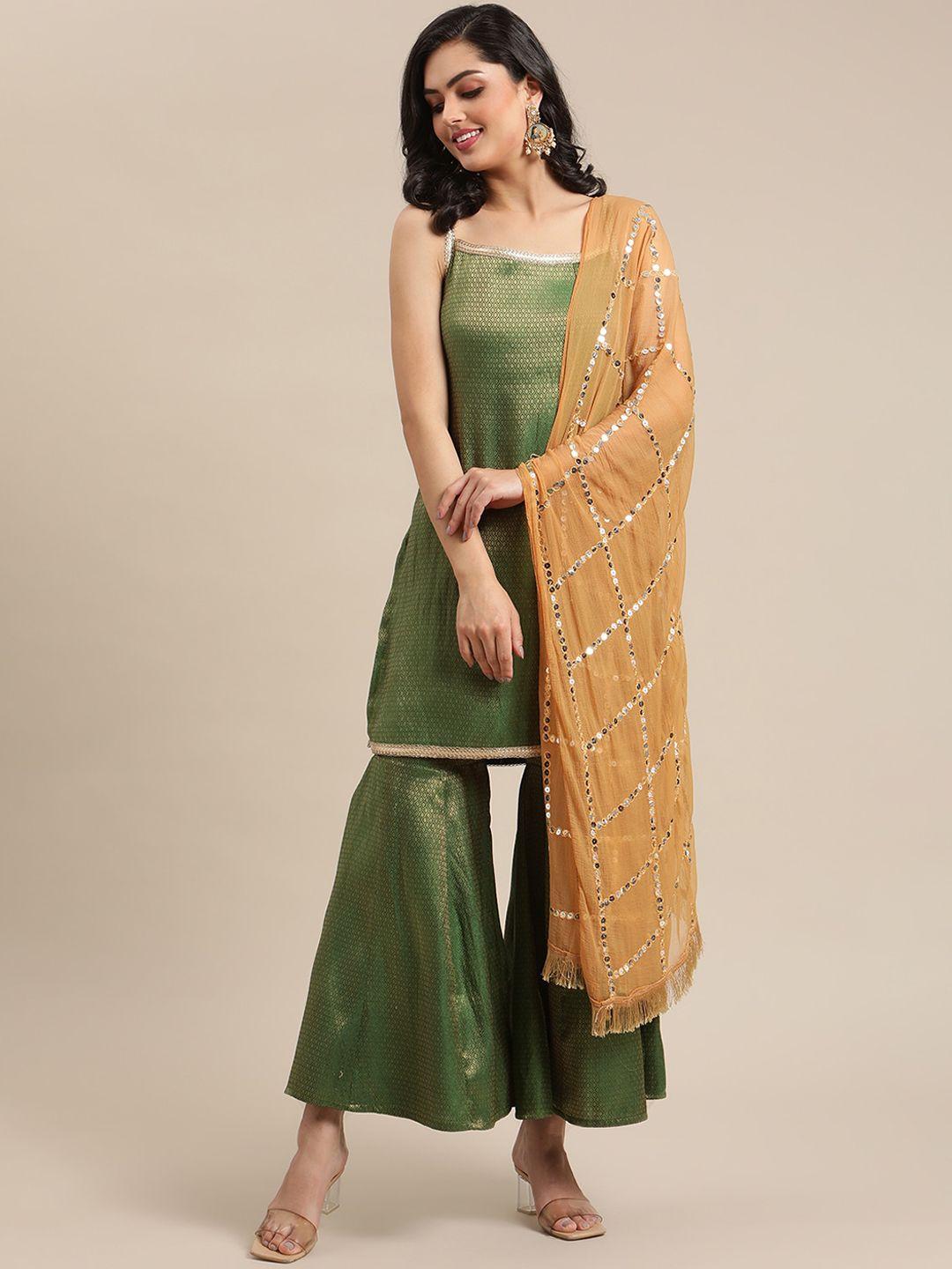 varanga women green ethnic motifs embroidered regular kurti with sharara & with dupatta