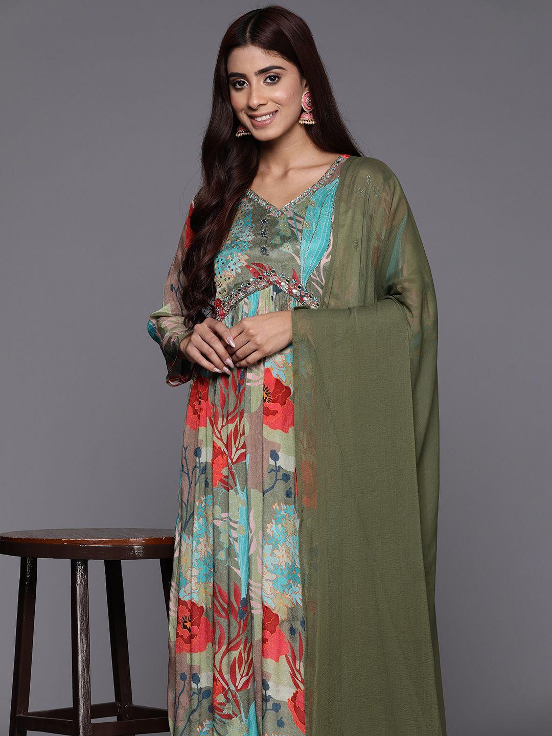 varanga women green floral printed empire beads and stones pure silk kurta with trousers & with dupatta