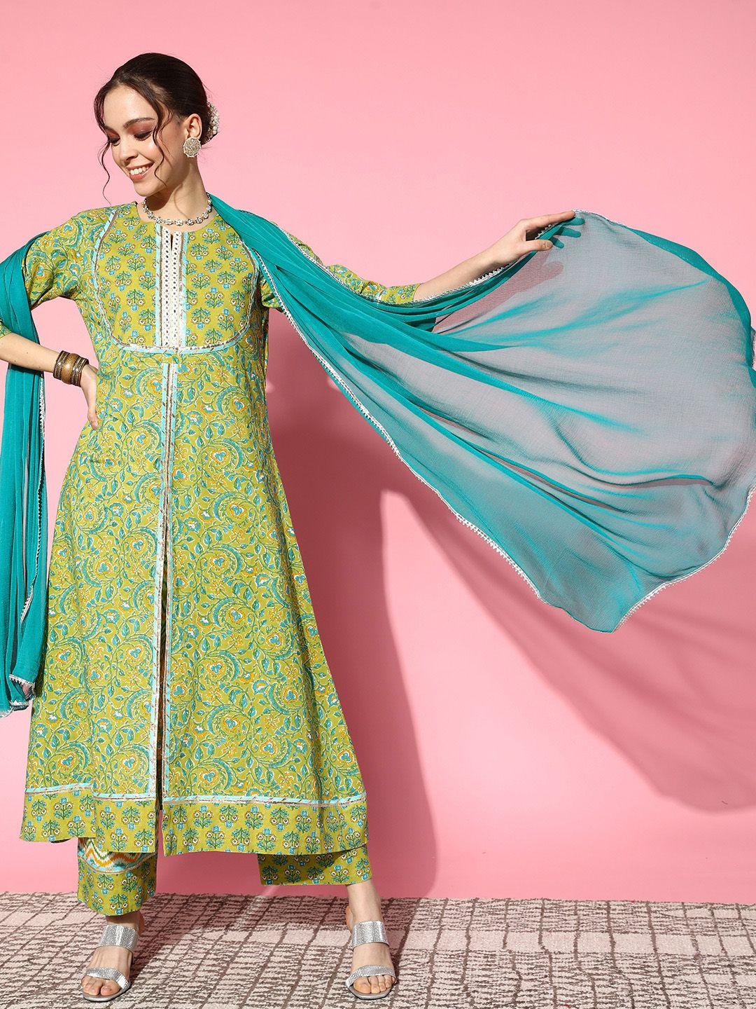 varanga women green floral printed mirror work pure cotton kurta with palazzos & with dupatta