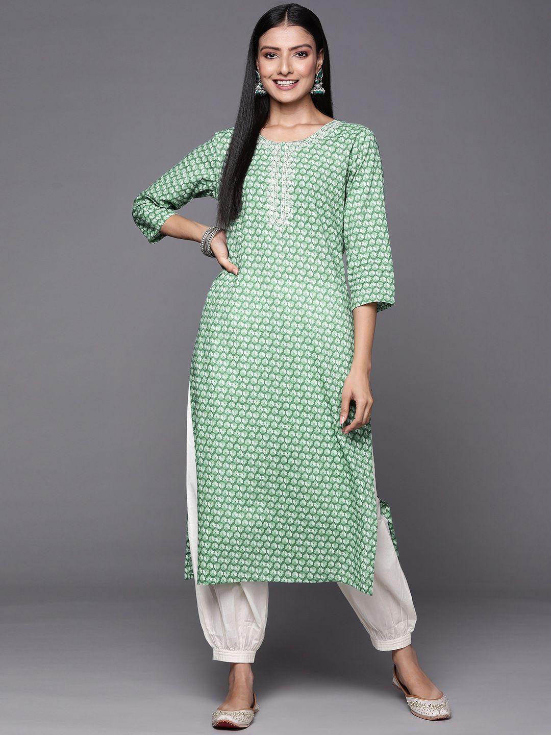 varanga women green floral printed thread work floral kurta