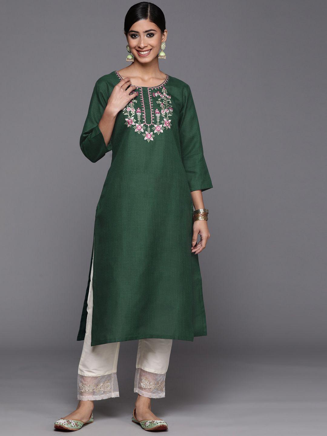 varanga women green floral yoke design thread work floral cotton kurta