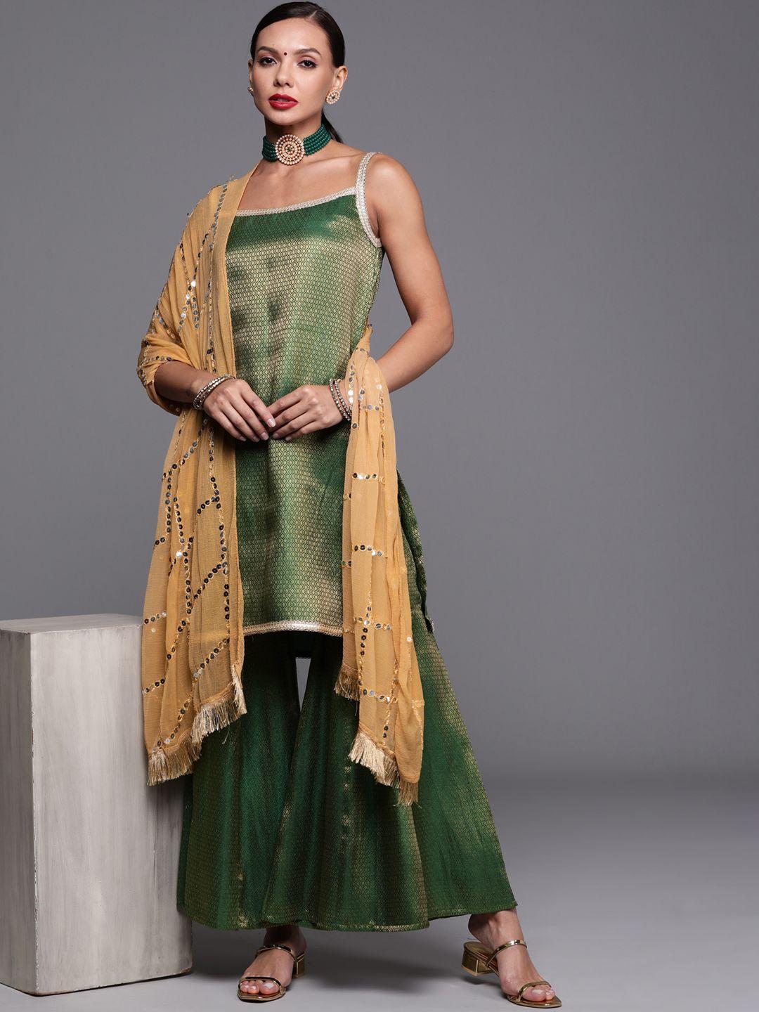 varanga women green geometric woven design kurta with sharara & with sequin dupatta