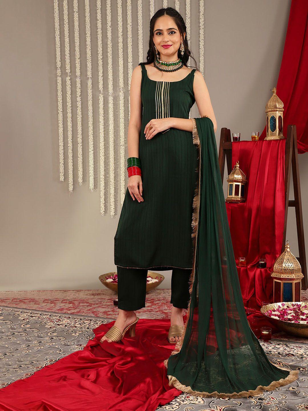 varanga women green striped regular gotta patti silk crepe kurta with trousers & with dupatta