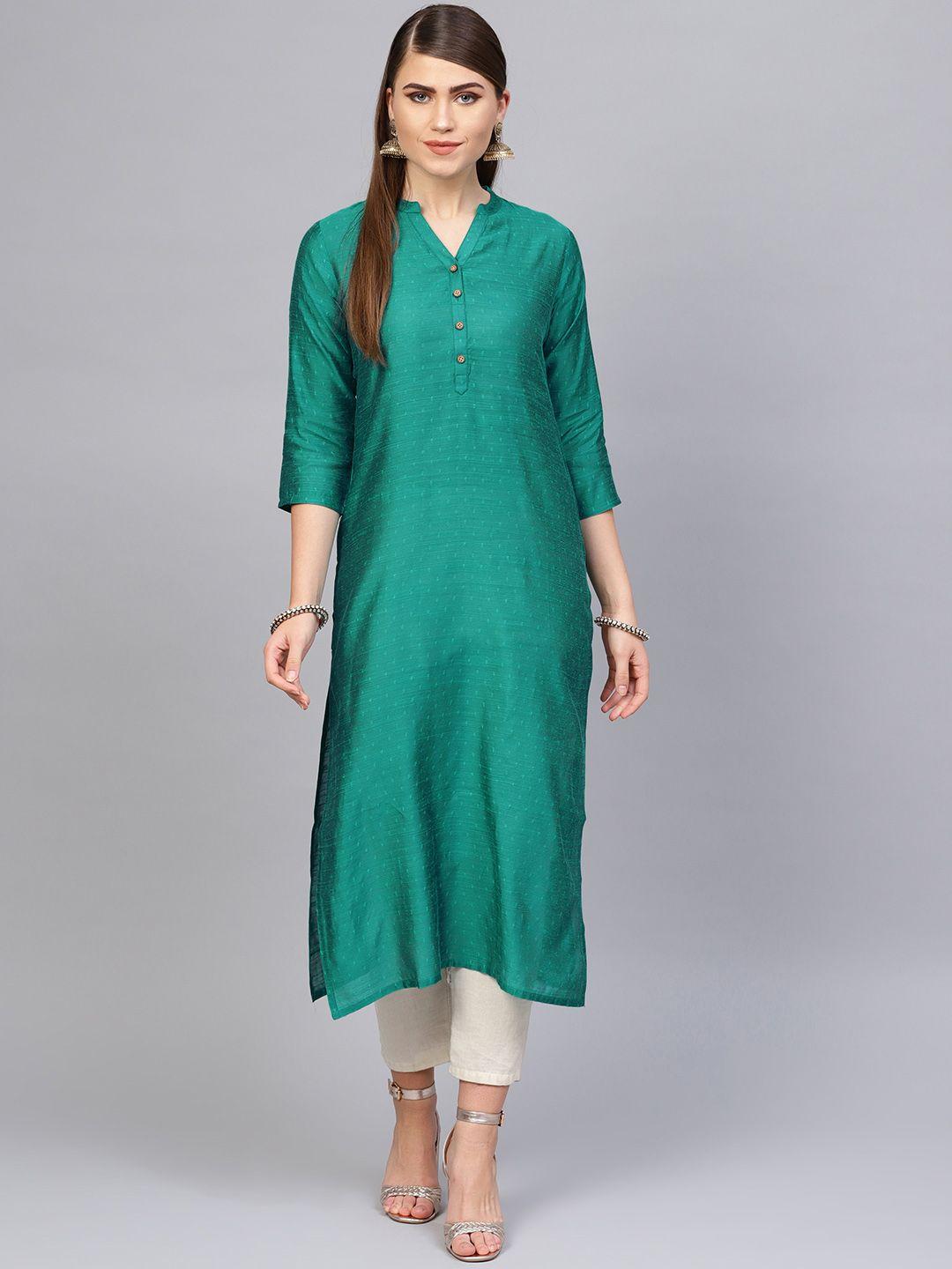 varanga women green woven design straight kurta