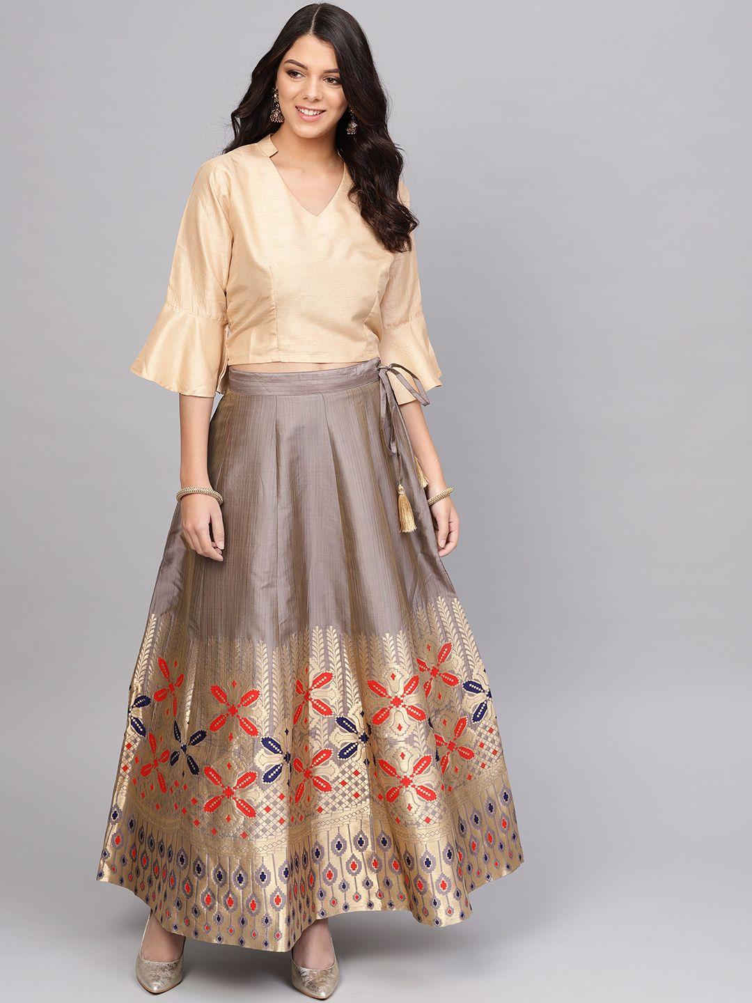 varanga women grey & beige woven design top with skirt