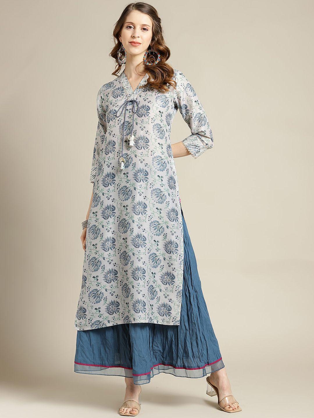 varanga women grey & blue ethnic motifs printed kurta