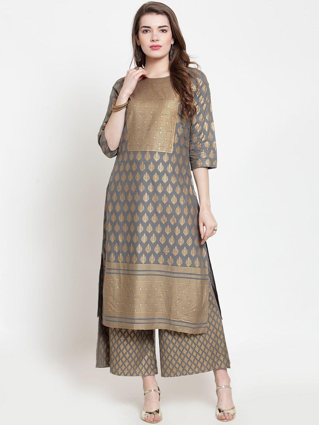 varanga women grey & gold-toned ethnic motifs printed kurta