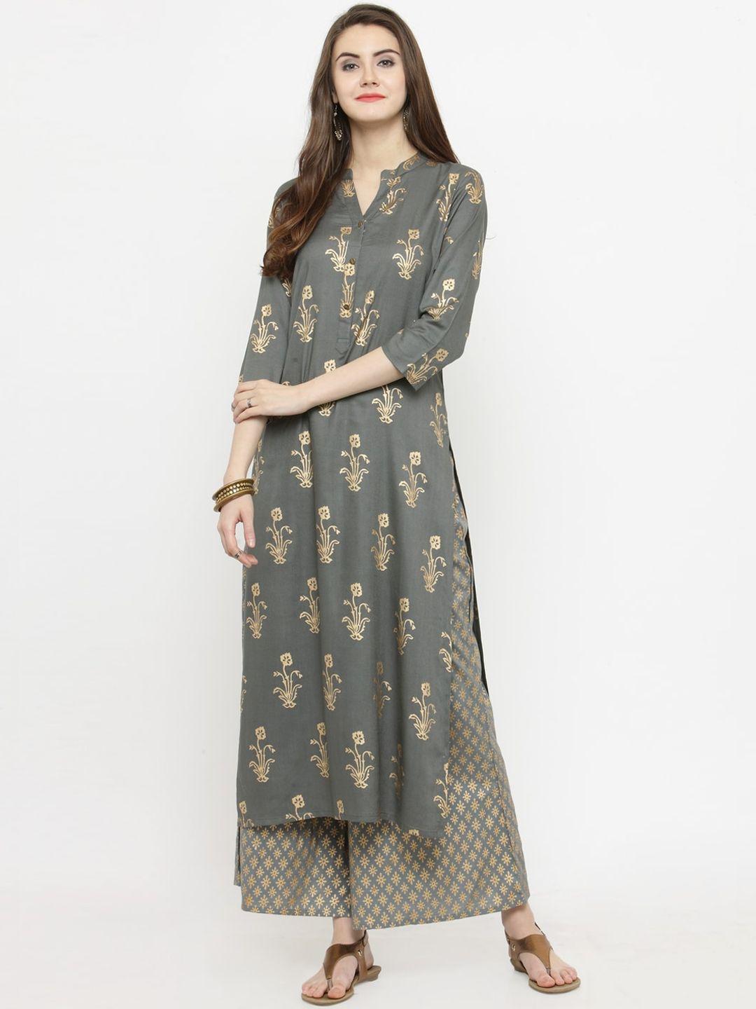 varanga women grey & gold-toned floral printed panelled a-line kurta with palazzos