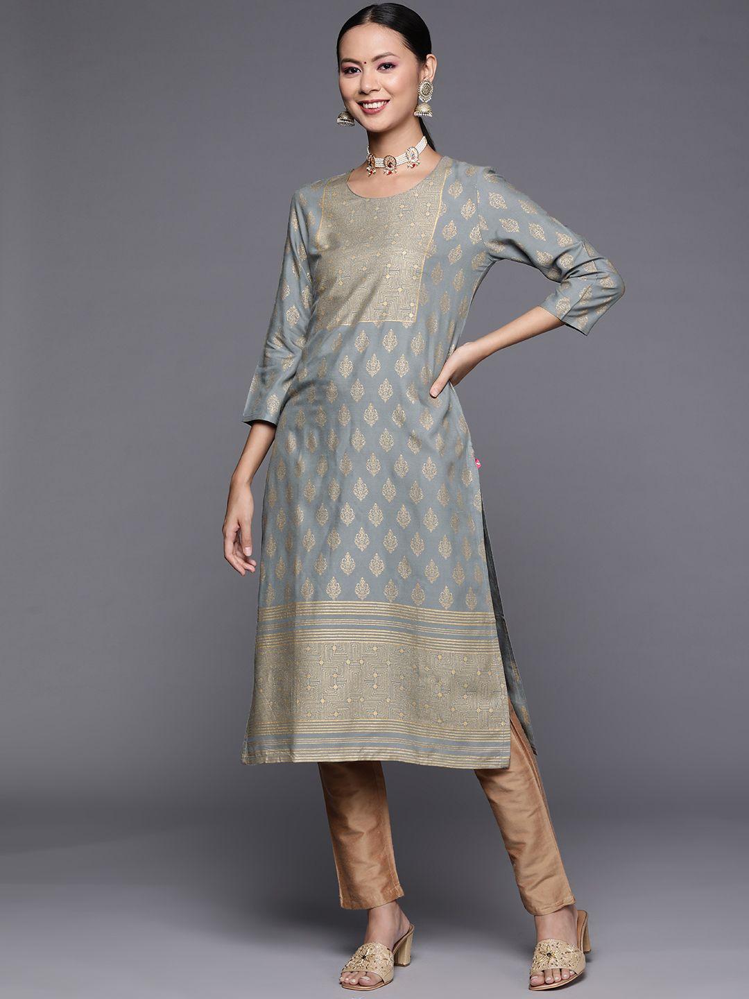 varanga women grey & golden ethnic motifs printed kurta