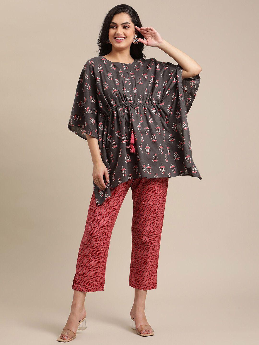 varanga women grey & maroon printed tunic with trousers