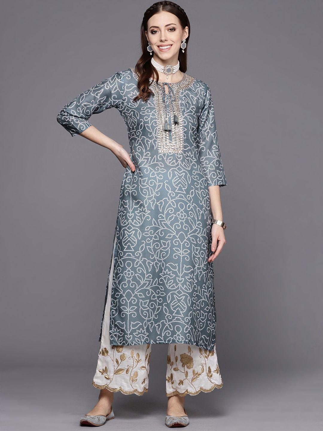 varanga women grey & silver-toned bandhani printed gotta patti kurta