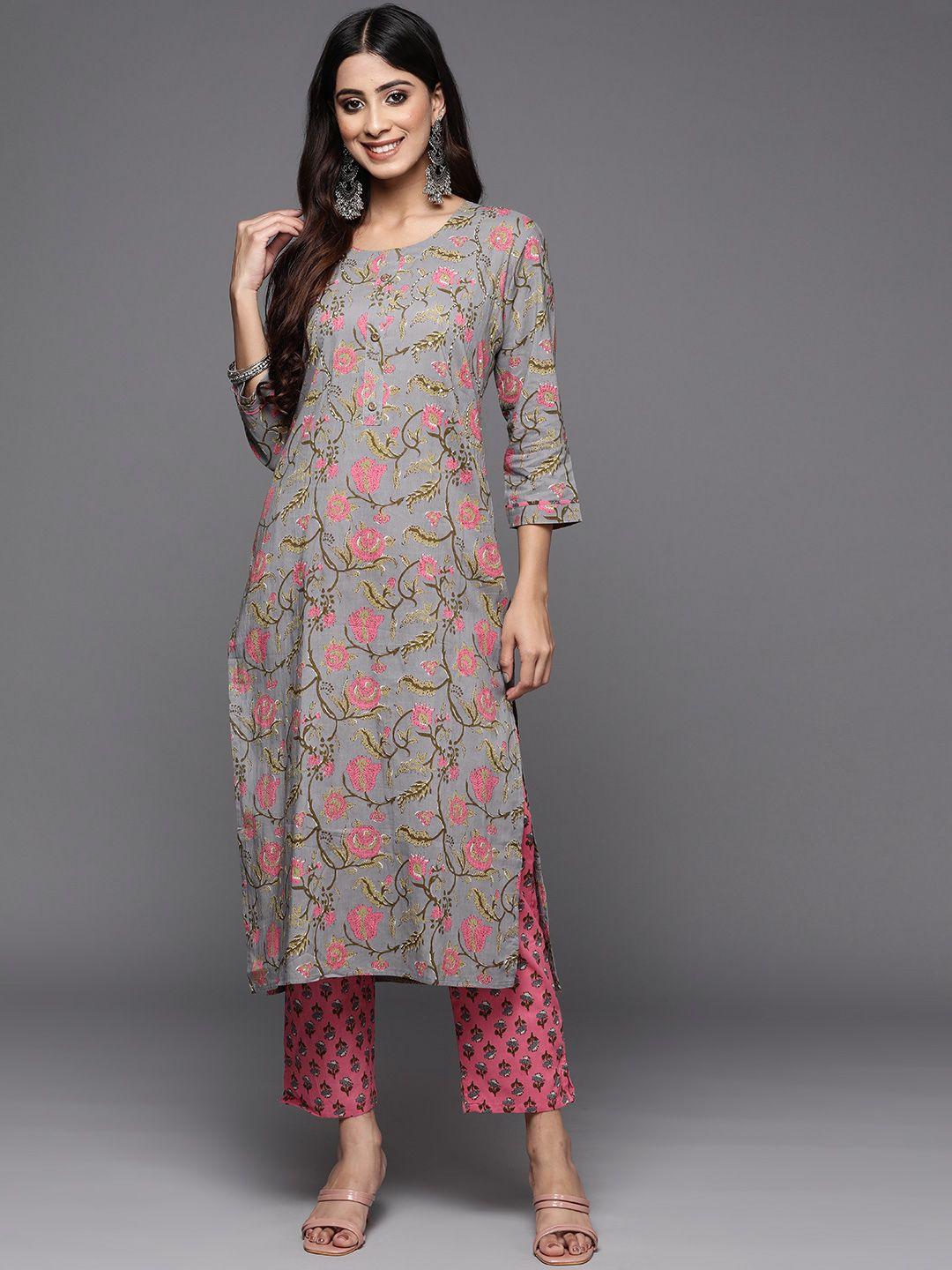 varanga women grey ethnic motifs printed thread work pure cotton kurta with trousers