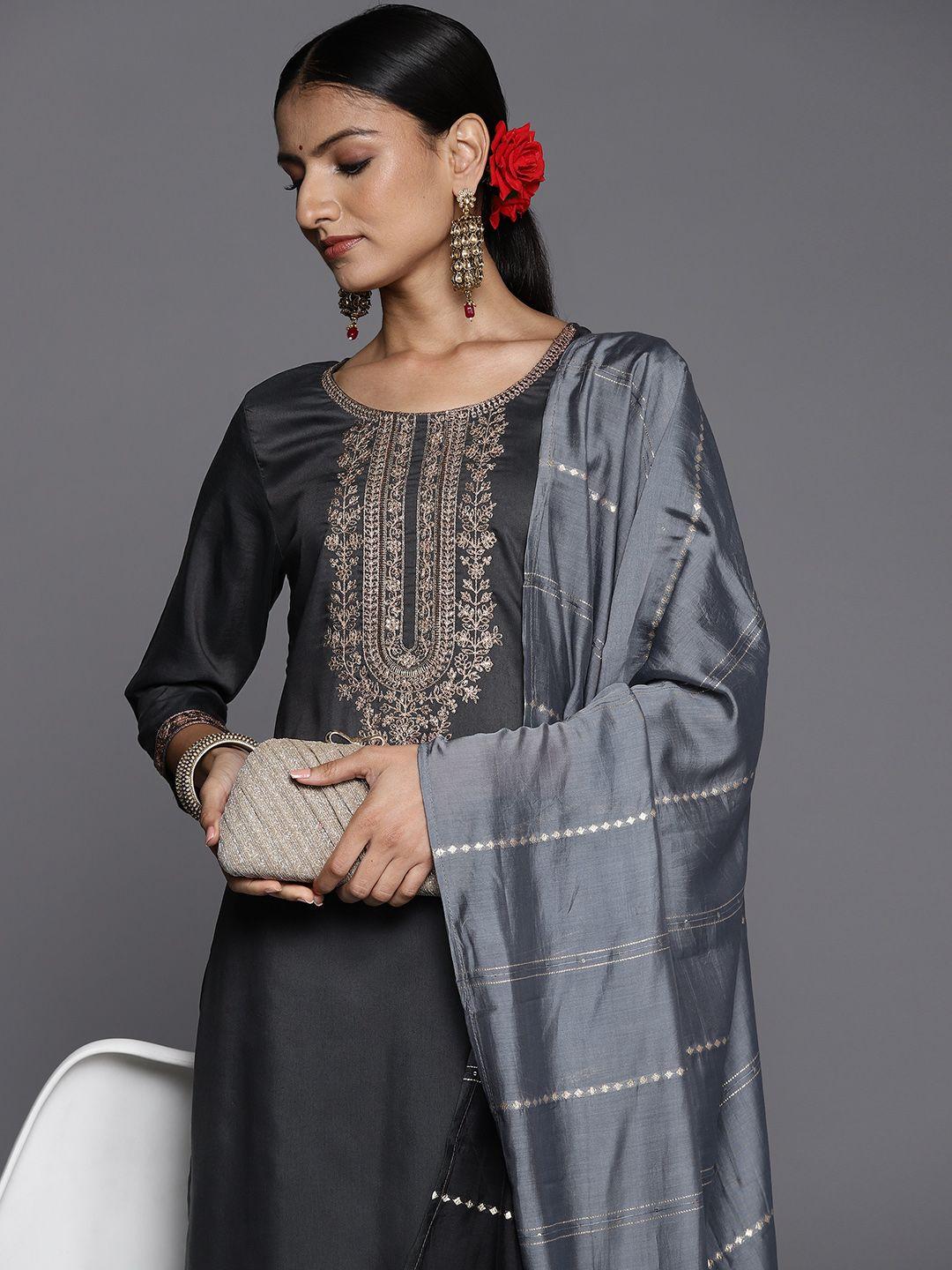 varanga women grey ethnic motifs yoke design kurta with trousers & with dupatta