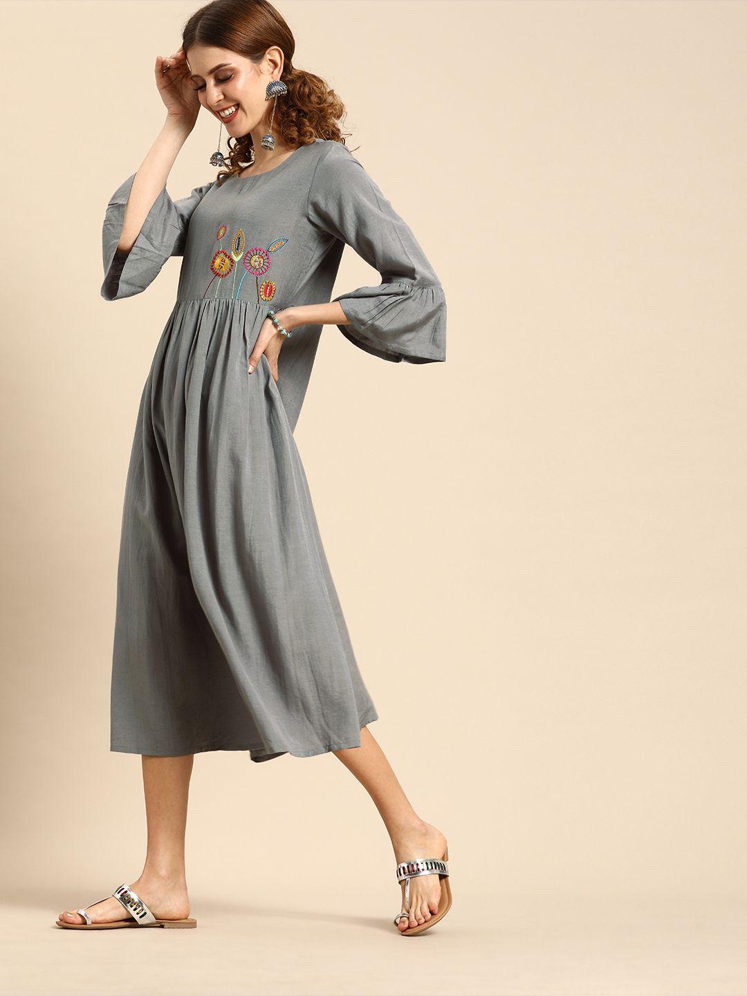 varanga women grey solid a-line dress with embroidered detail