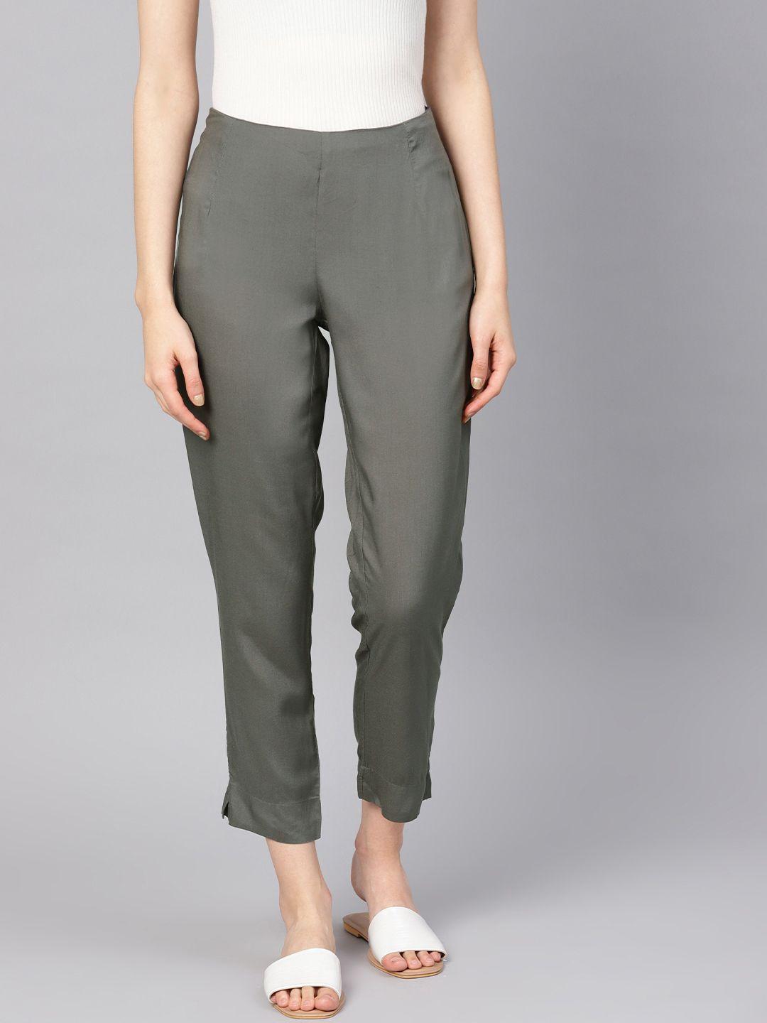 varanga women grey solid regular cropped trousers