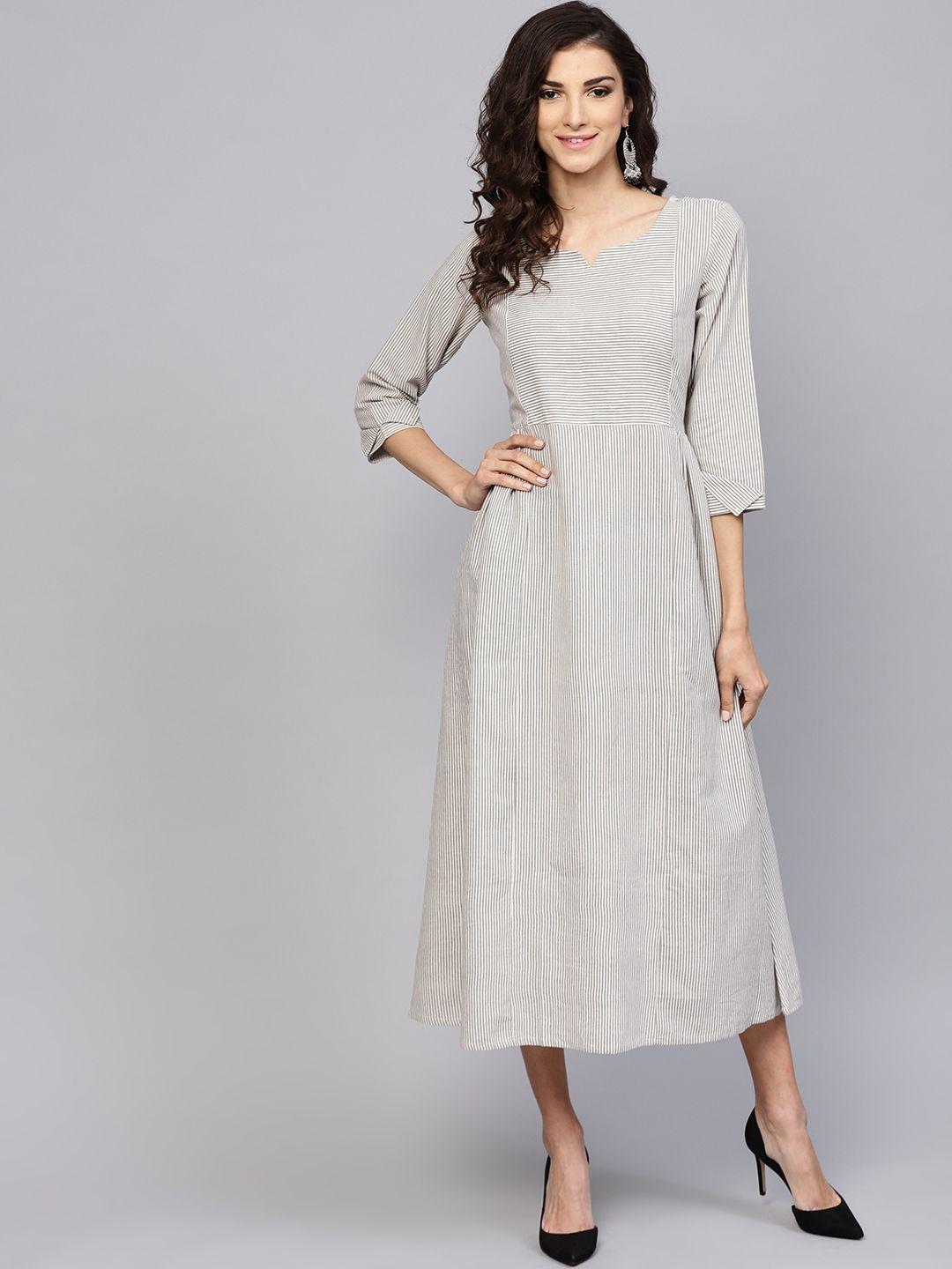 varanga women grey striped fit and flare dress