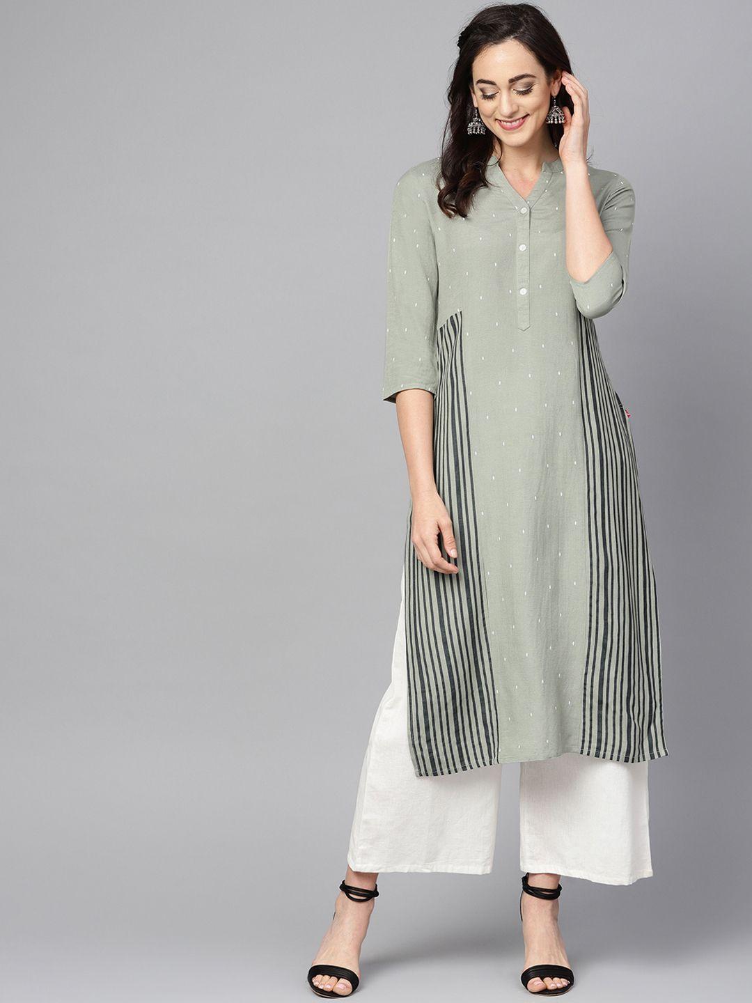 varanga women khaki striped straight kurta