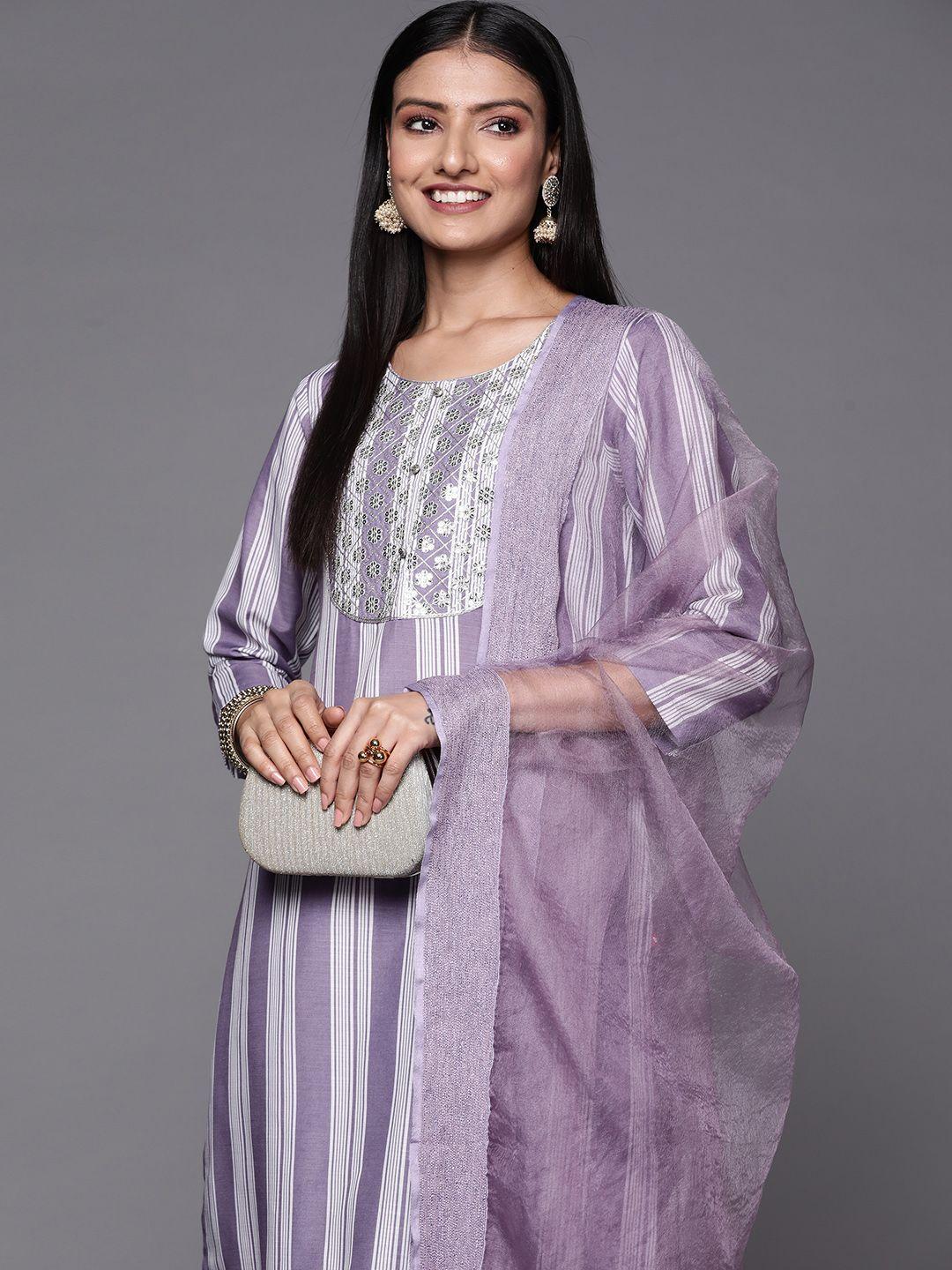 varanga women lavender & white embroidered kurta with trousers & dupatta