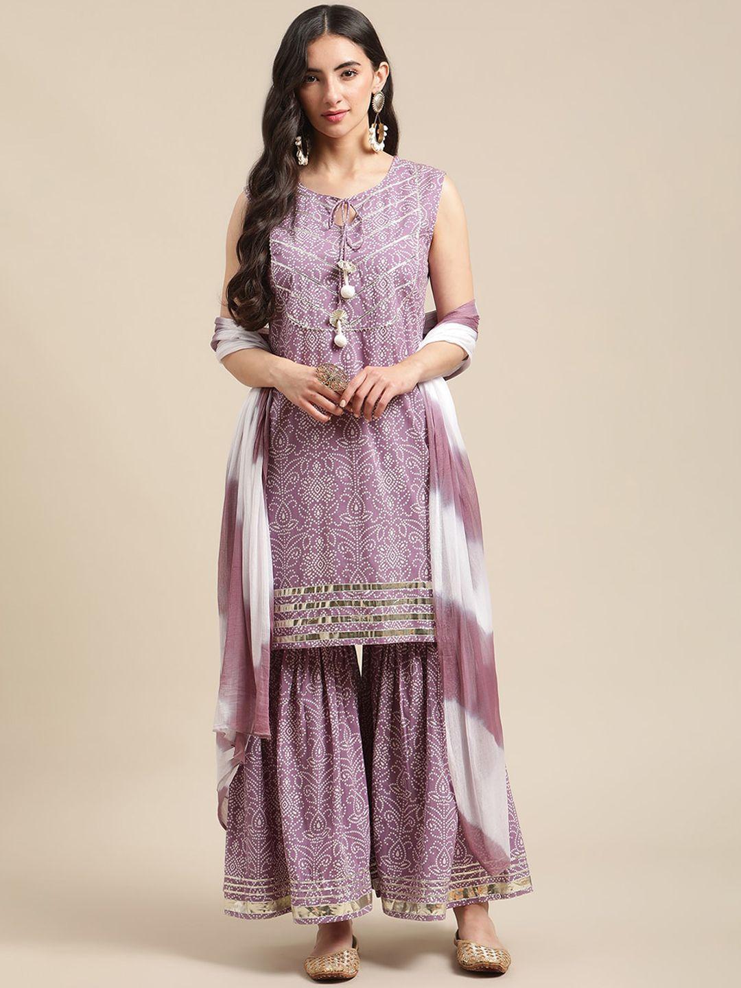 varanga women lavender ethnic motifs printed panelled gotta patti pure cotton kurta with sharara & with