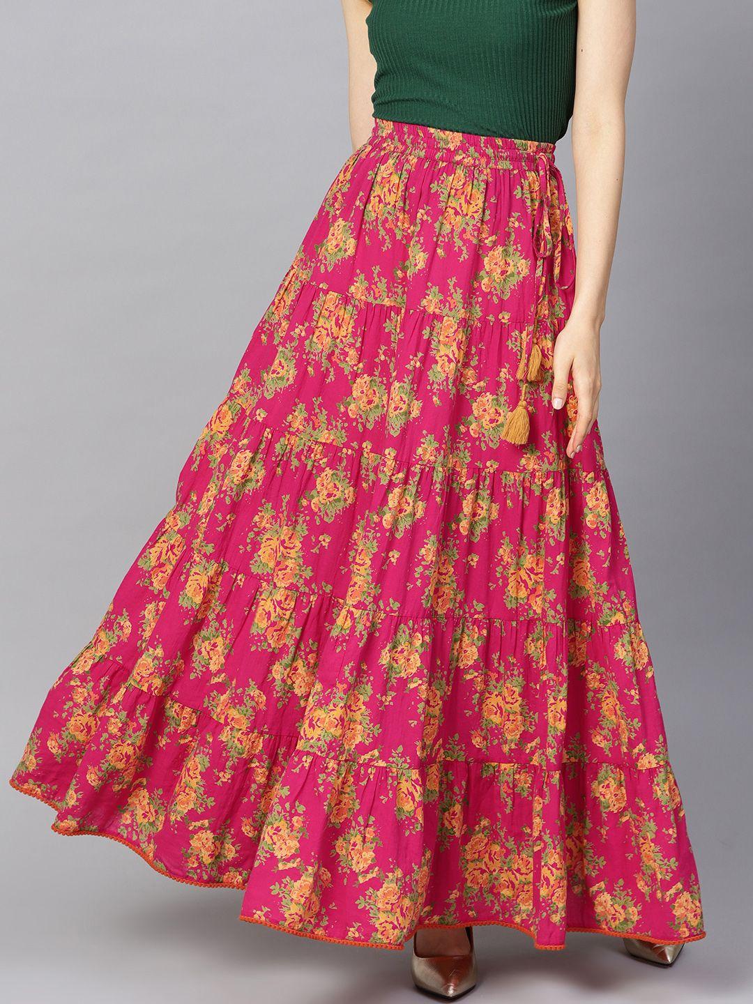 varanga women magenta & yellow printed flared maxi dress