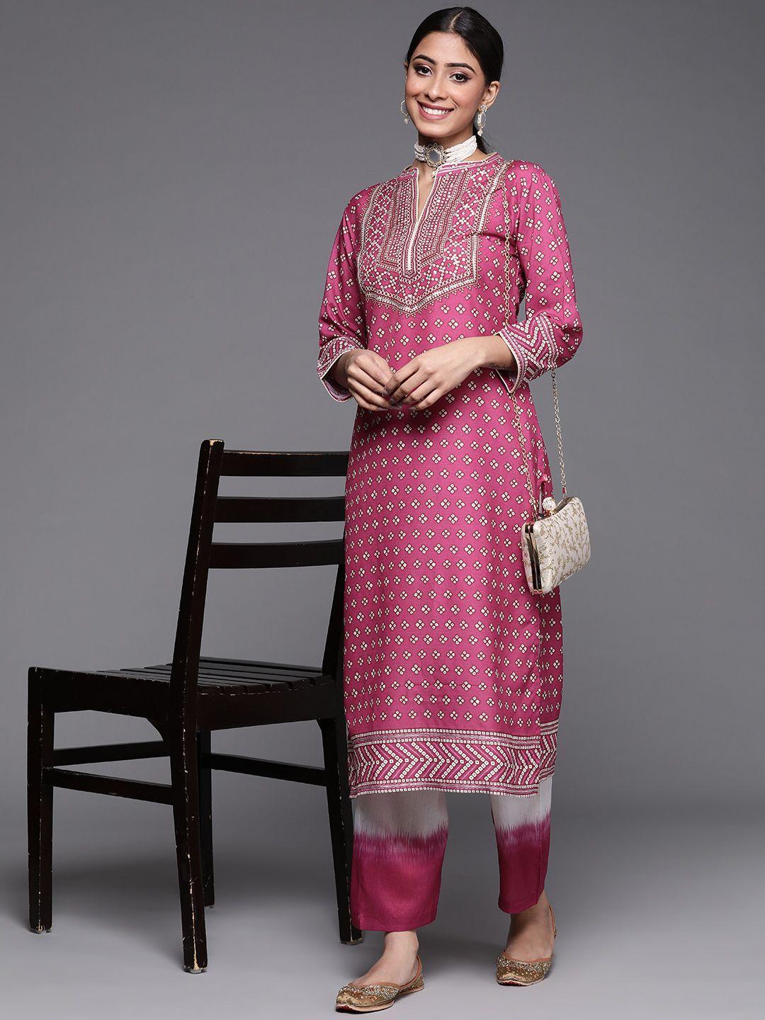 varanga women magenta bandhani printed kurta with trousers